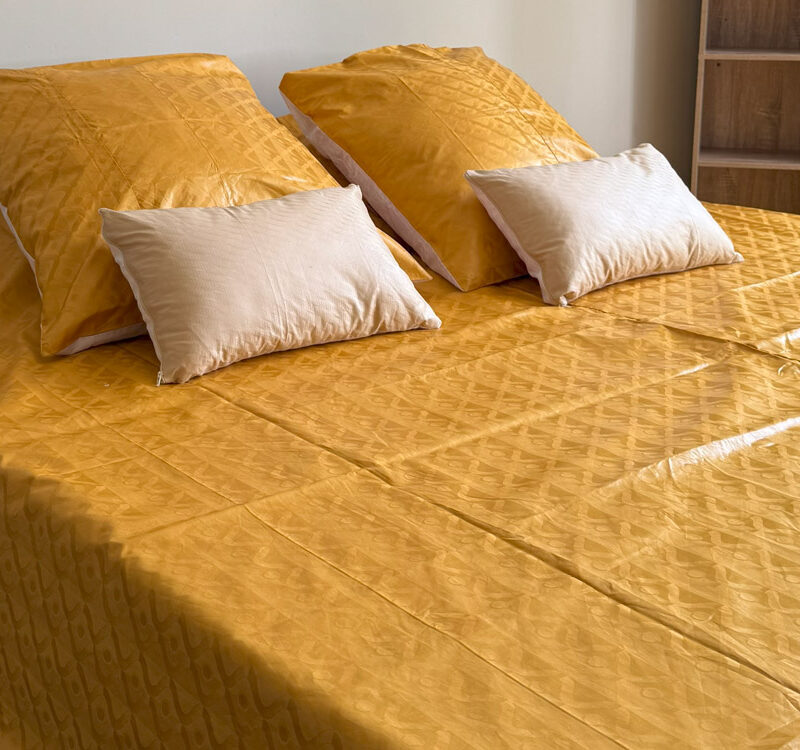 Parure Bazin riche 3 pièces Housse de couette Unie Bicolore Miel doré et Blanc
