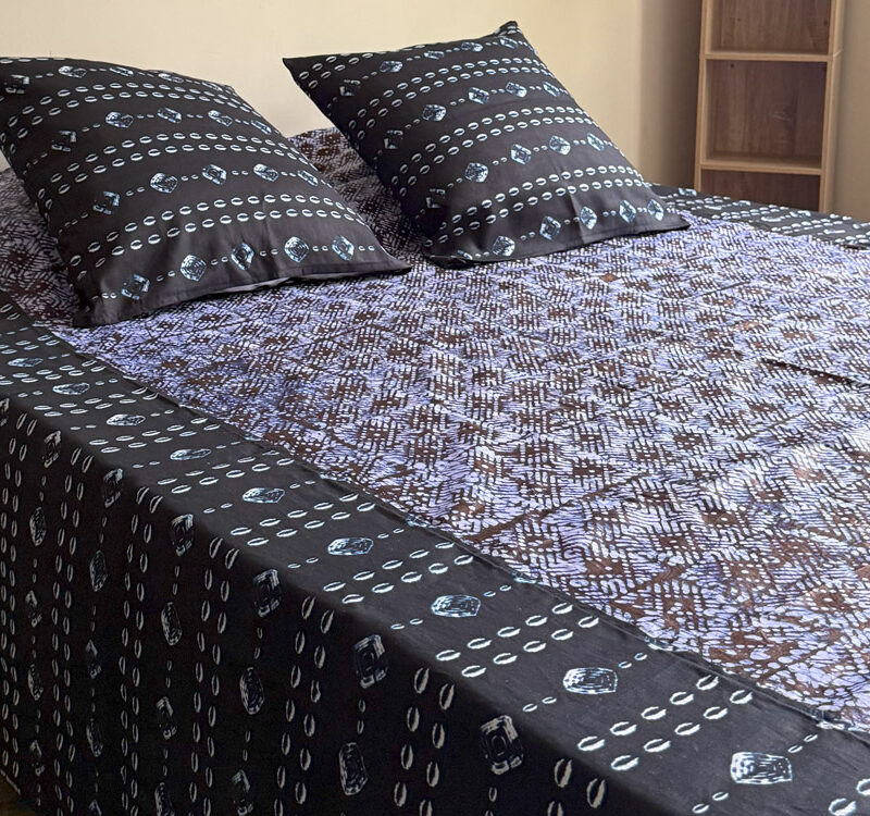 Parure 3 pièces Drap plat Bazin moucheté/Indigo